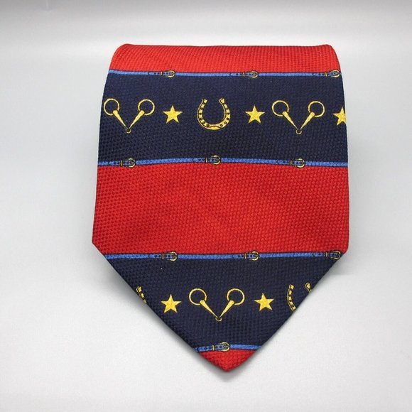 Tommy Hilfiger Mens Silk Tie Red Blue Stripe Starts Horseshoe Bit Equestrian - Picture 1 of 9